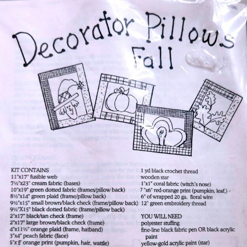 Fall Pillows Sewing Kit Turkey Pumpkin Leaves Witch 90s Folk Art Carousel Craft
